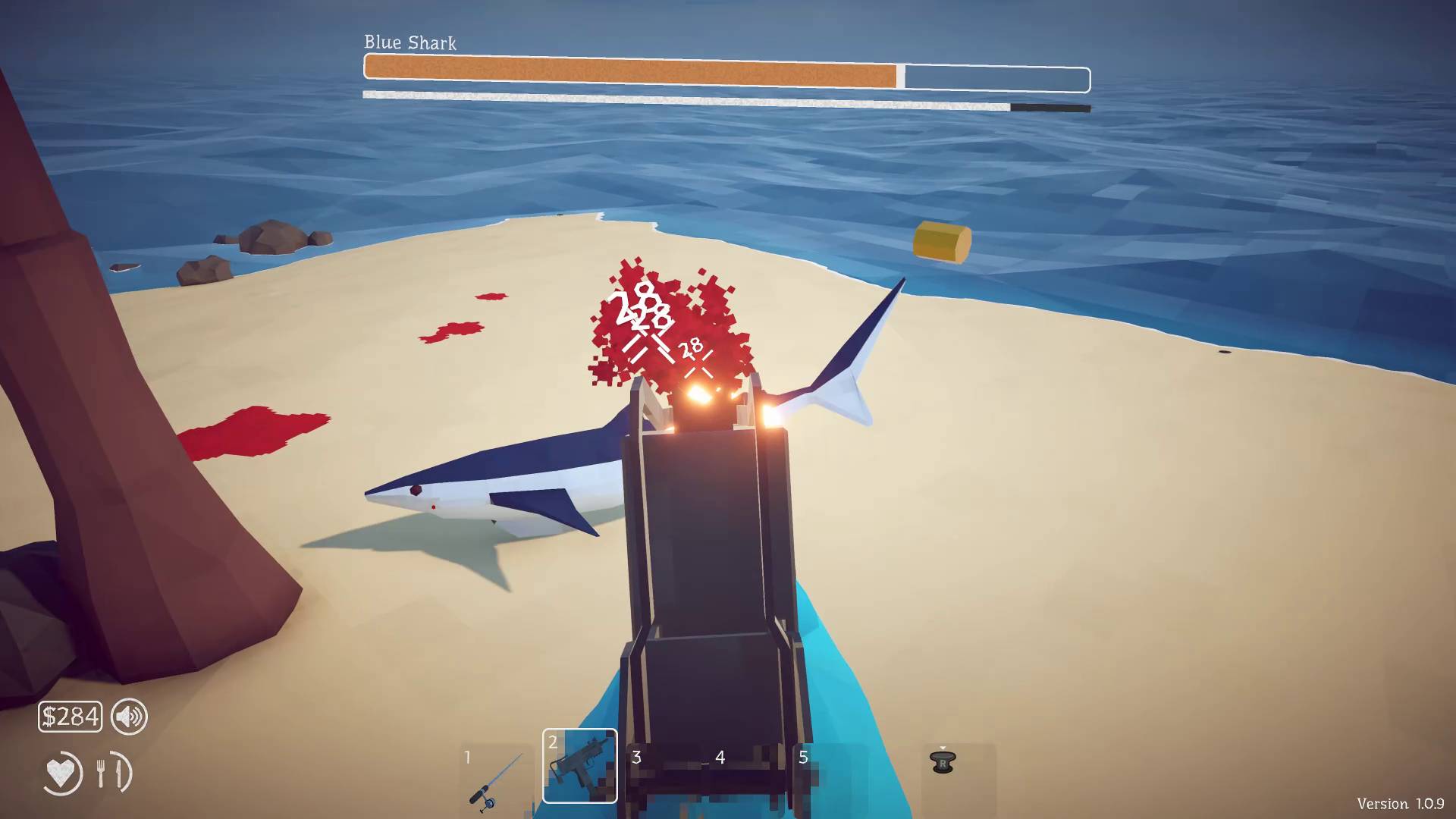 How to Fish player shooting blue shark miniboss on the beach