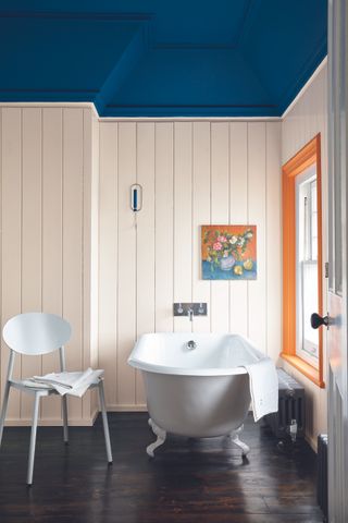 A Little Greene bathroom with a blue ceiling