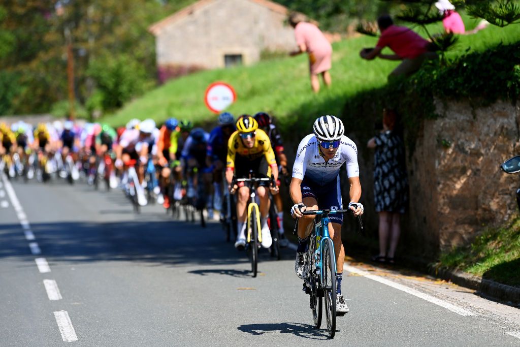LES PRAERESNAVA SPAIN AUGUST 28 Samuele Battistella of Italy and Team Astana Qazaqstan leads the peloton during the 77th Tour of Spain 2022 Stage 9 a 1714km stage from Villaviciosa to Les Praeres Nava 743m LaVuelta22 WorldTour on August 28 2022 in Les Praeres Nava Spain Photo by Tim de WaeleGetty Images
