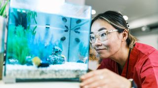 Woman looking into fish tank