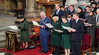 Queen Elizabeth II, Prince Charles, Prince of Wales and Camilla, Duchess of Cornwall, the Princess Royal, Vice Admiral Sir Tim Laurence. (second row left to right) The Duke of Cambridge, Prince George, Princess Charlotte, the Duchess of Cambridge during a Service of Thanksgiving for the life of the Duke of Edinburgh, at Westminster Abbey on March 29, 2022 in London, England.