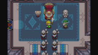 The Legend of Zelda: The Minish Cap screenshot showing Link holding up a sword in a royal chamber. He's surrounded by guards, and stands before a king on a red throne.