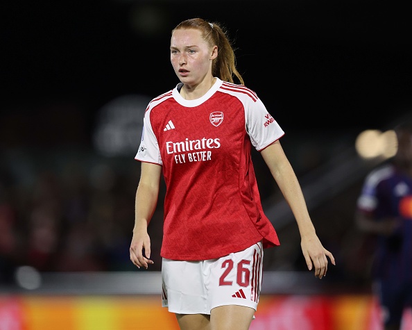 BOREHAMWOOD, ENGLAND - OCTOBER 7: Katie Reid of Arsenal Women during the UEFA Women&#039;s Champions League 2025/26 league phase match between Arsenal FC and OL Lyonnes at Meadow Park on October 7, 2025 in Borehamwood, England.