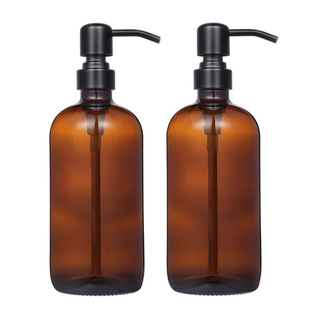 Pair of Amazon amber soap dispenser bottles