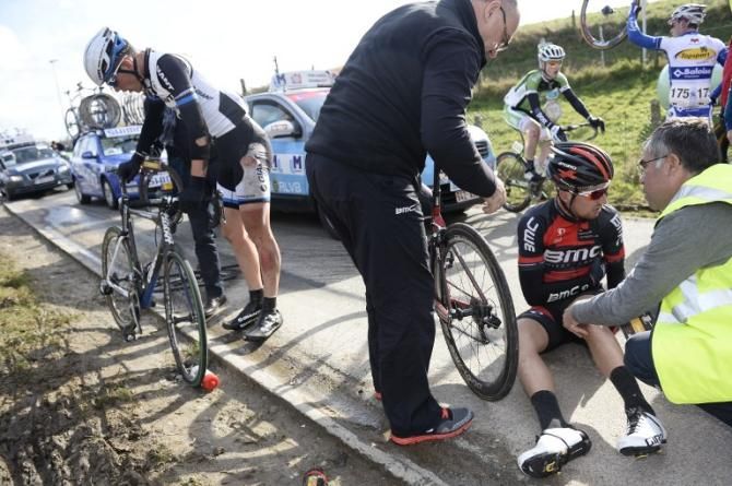 Taylor Phinney (BMC) crashes out of Kuurne-Brussel-Kuurne