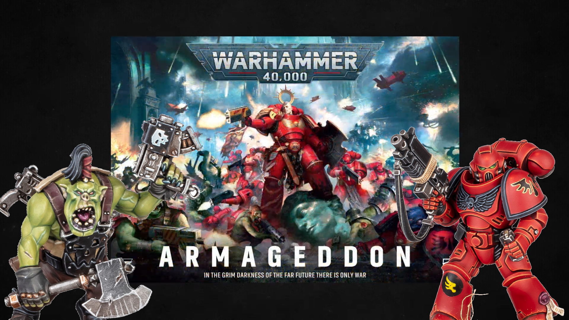 Armageddon box set on a dark background, with an Ork and Space Marine in the foreground