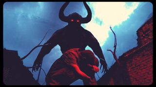 A demon stares down at a person 