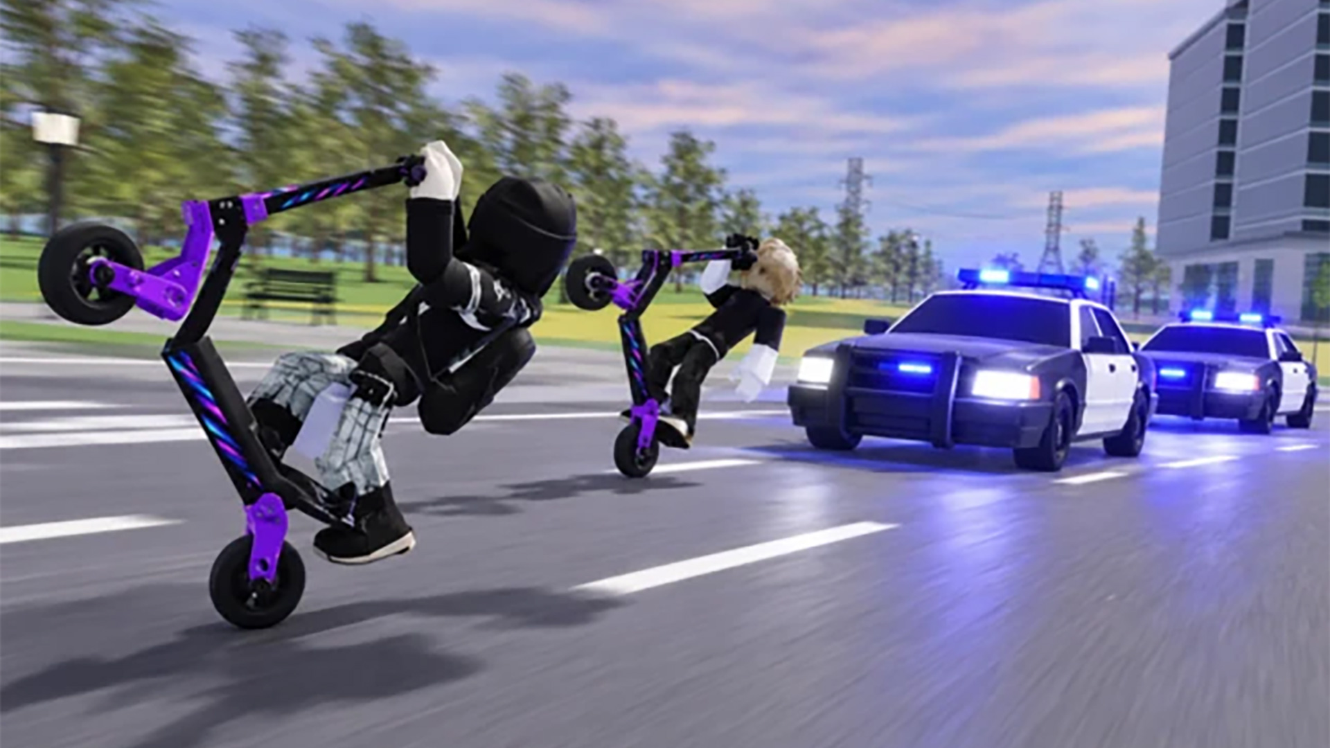 Press shot for Kukirin Life codes showing two players performing wheelies on e-scooters while being chased by several police cars