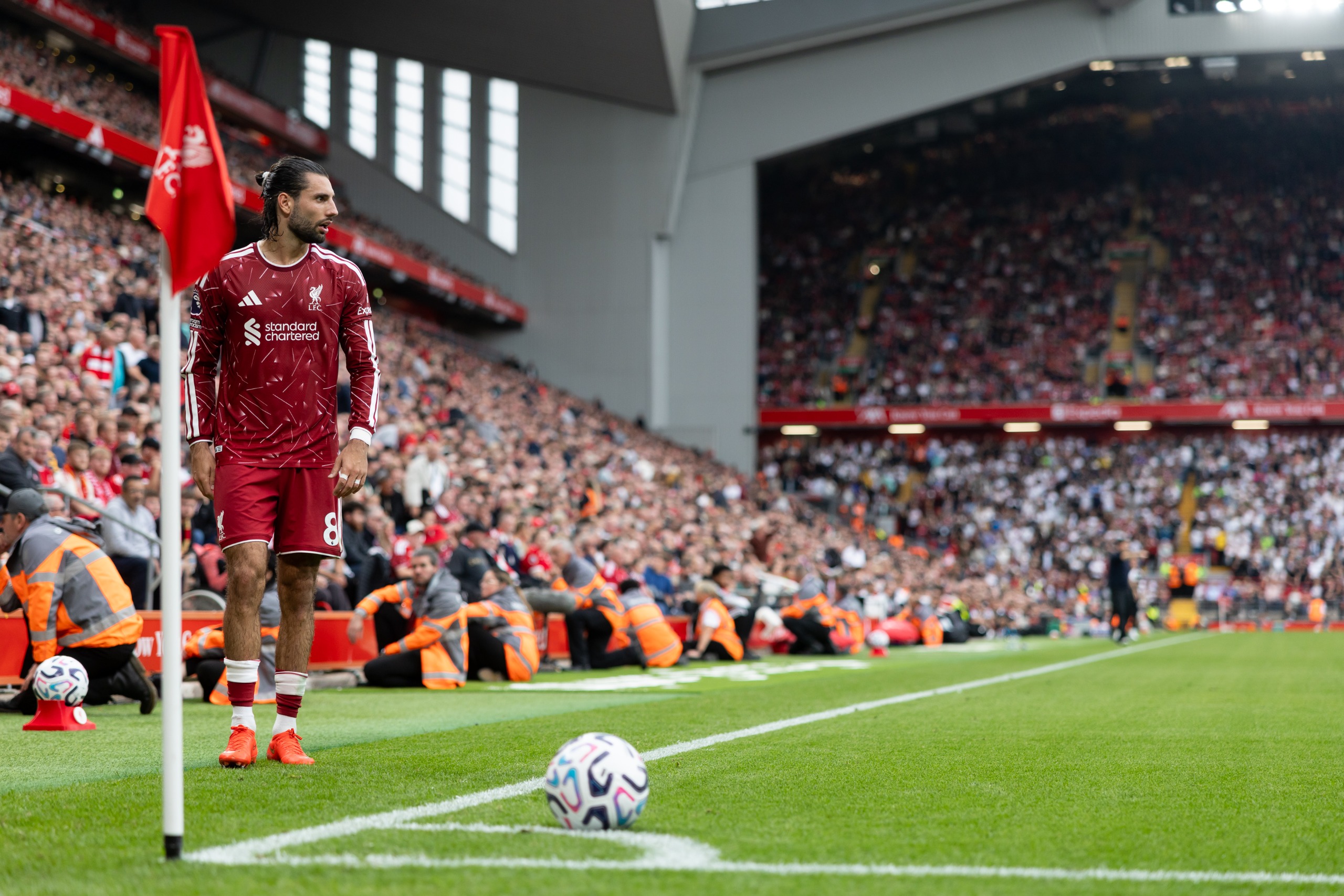 Dominik Szoboszlai prepares to take a corner for Liverpool