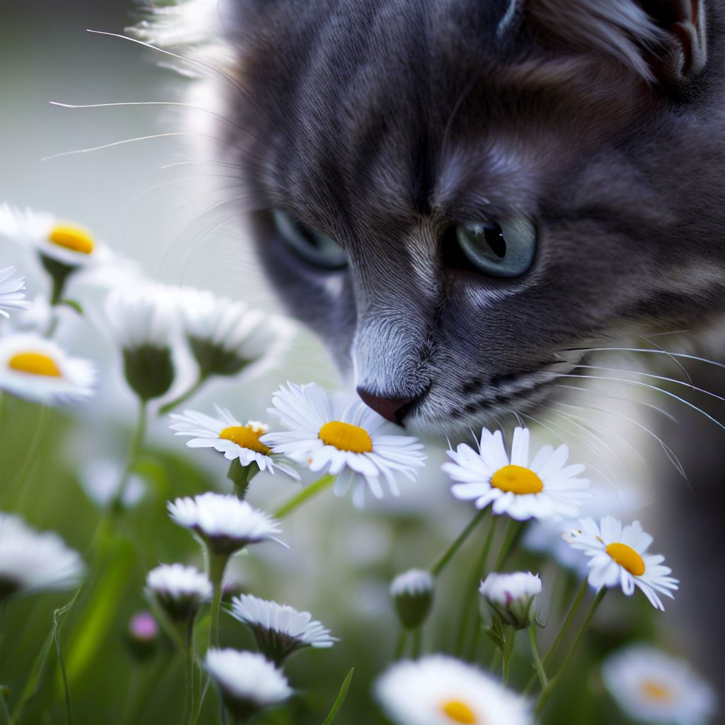 AI generated image of cat picking daisies.