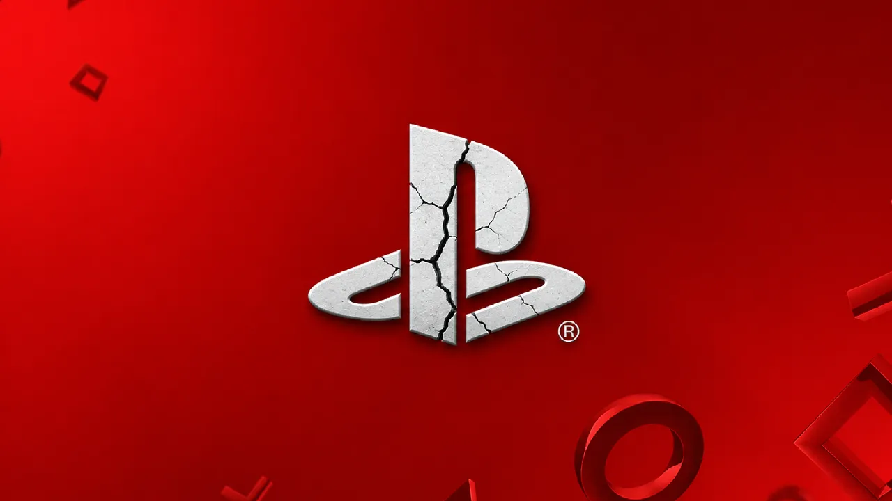 Cracked PlayStation logo on a red background, symbolizing the end of physical PlayStation game discs and the industry's shift toward digital gaming.
