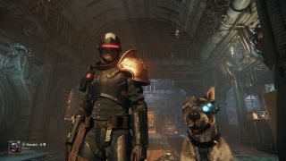 An armored arbitrator with his cyber-mastiff