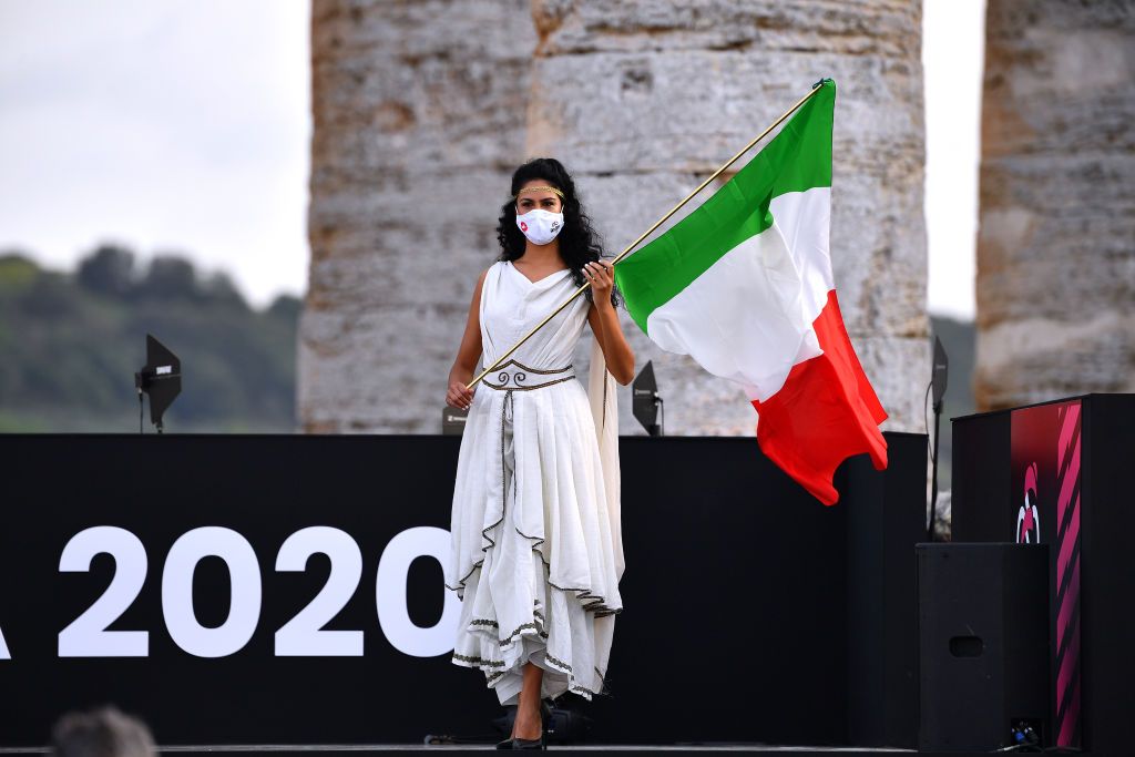 PALERMO ITALY OCTOBER 01 Miss Hostess Italian Flag during the 103rd Giro dItalia 2020 Team Presentation in Archaeological Park of Segesta in Palermo City Temple of Segesta girodiitalia Giro on October 01 2020 in Palermo Italy Photo by Stuart FranklinGetty Images