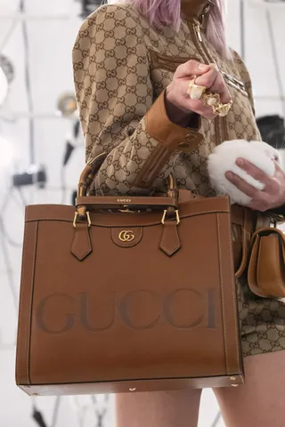 A brown Gucci Diana 1991 bag on the brand's Fall 2021 runway