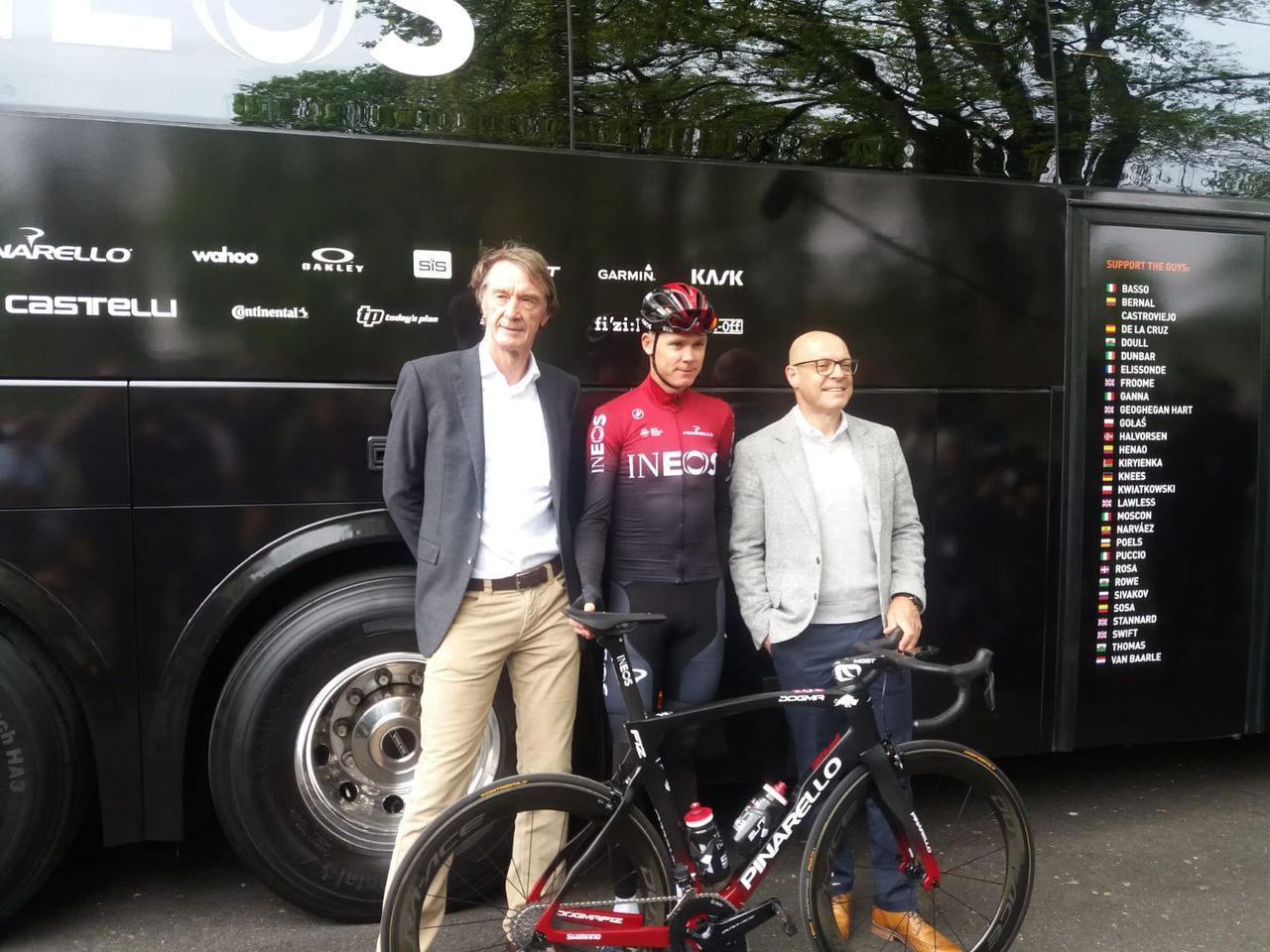 Jim Ratcliffe, Chris Froome and Dave Brailsford at the Team Ineos launch
