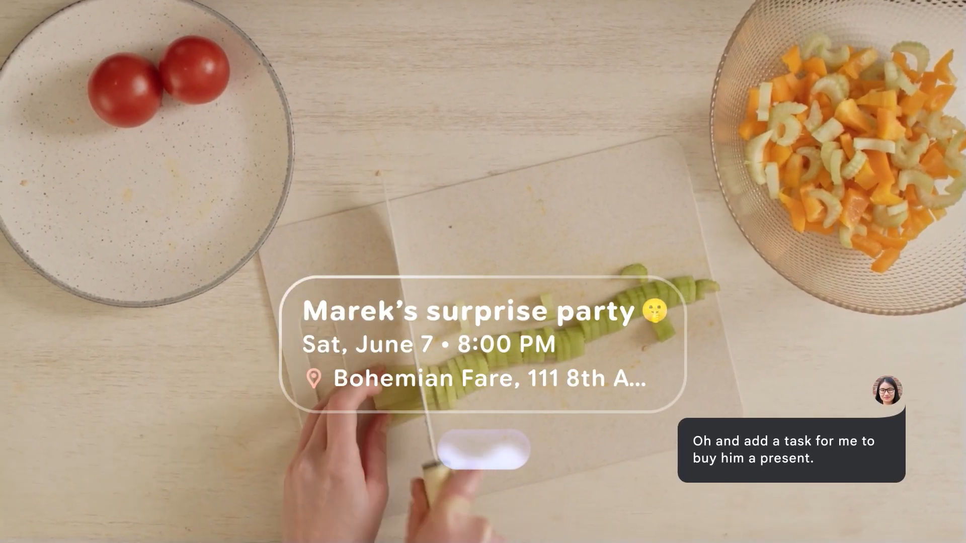 A still from an Android XR example video of how the software will work on smart glasses, showing a person cutting up vegetables while a Google Calendar RSVP for "Marek's Surprise Birthday" is superimposed above it, with a Gemini command "Oh and add a task for me to buy him a present" in the bottom-right corner.
