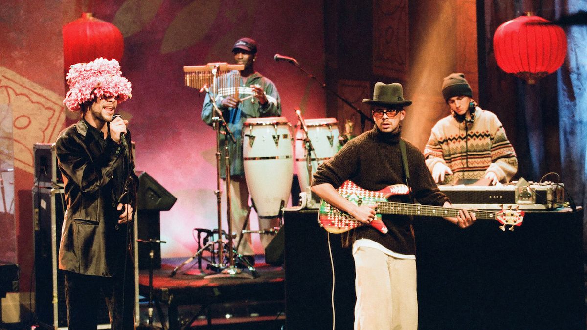 Episode 1265 -- Pictured: (l-r) Jason Kay, Sola Akingbola, Stuart Zender, and Darren Galea of the musical group Jamiroquai perform on November 18, 1997