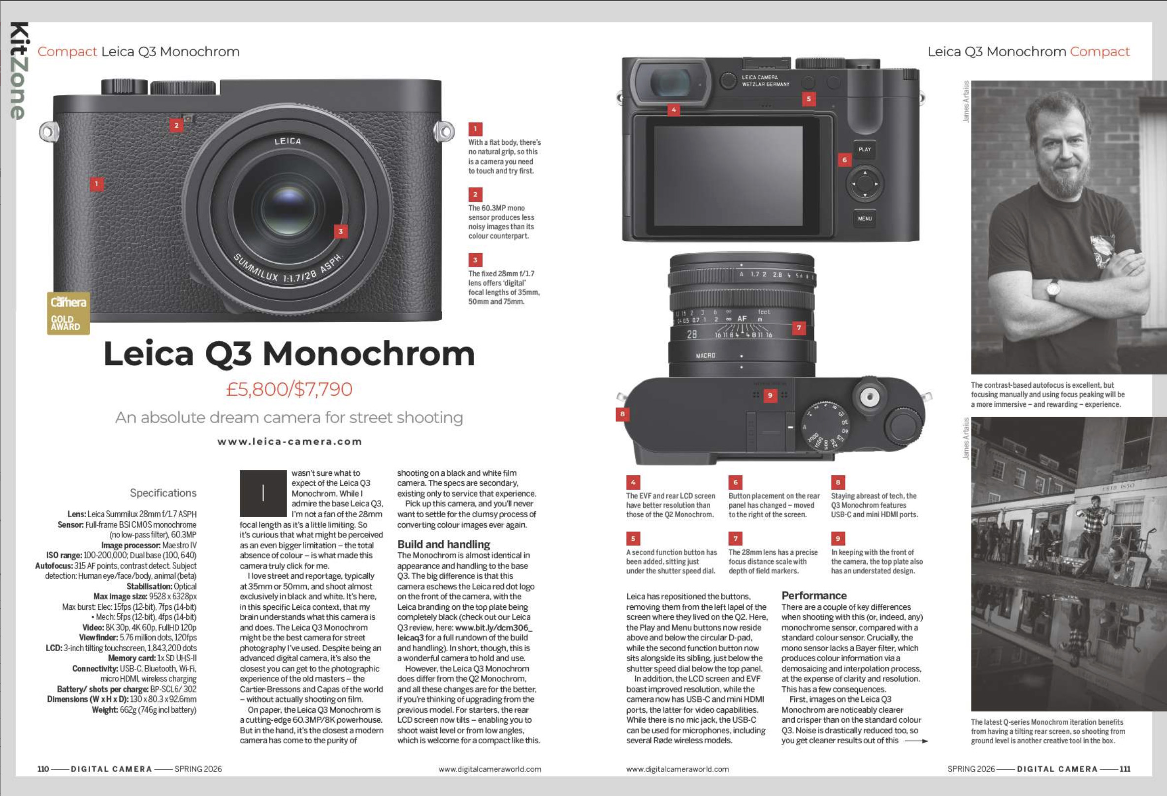 Image showing the first two pages of the Leica Q3 Monochrom camera review, in issue 306 (Spring 2026) of Digital Camera magazine