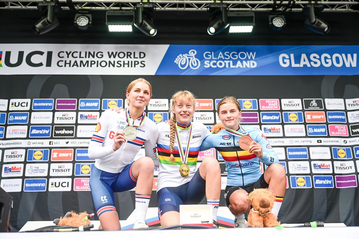 The Junior Women's road race medal winners, with Julie Bego in the rainbow jersey