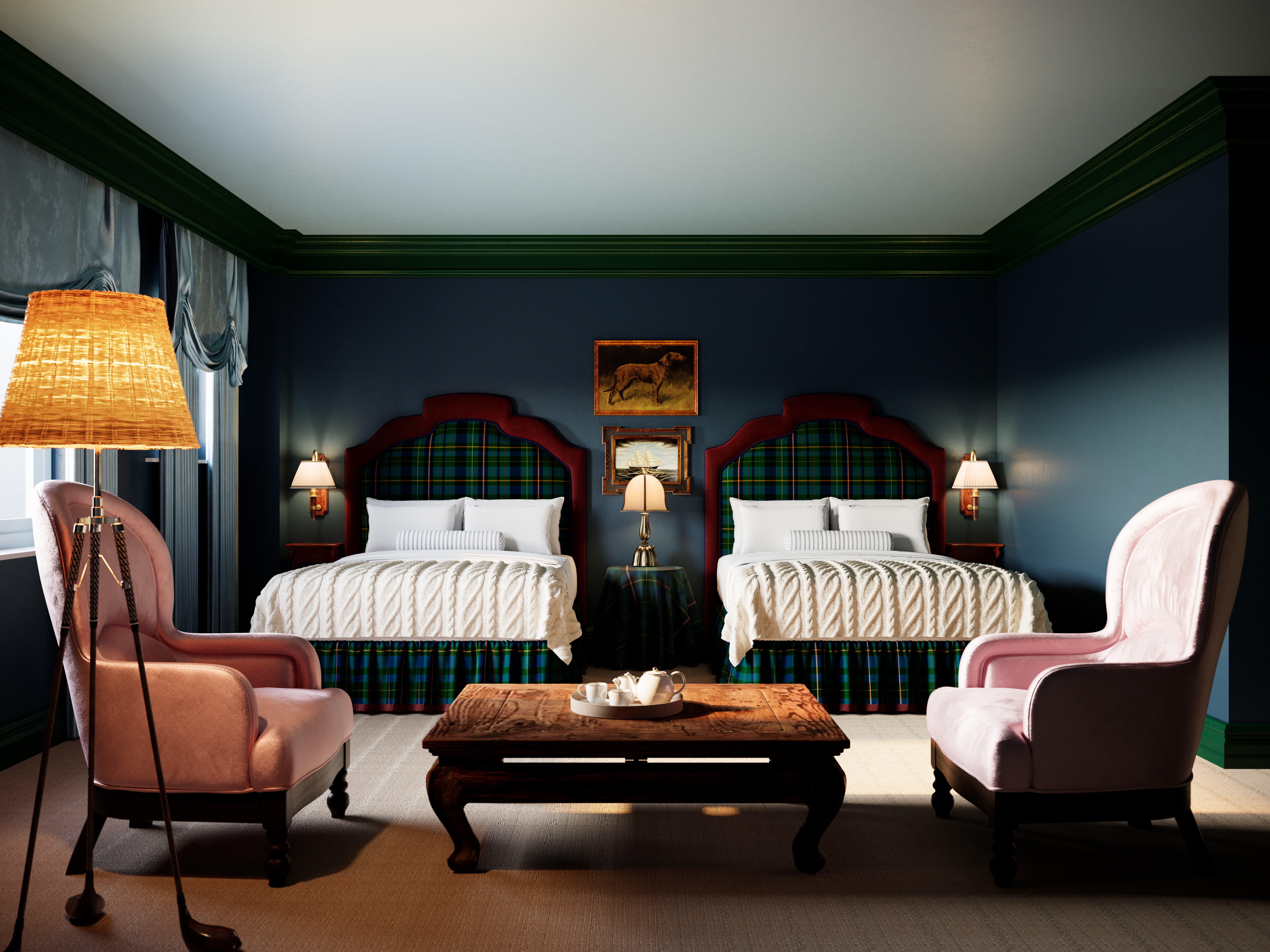 A rendering of the inside of a room at Portrush Adelphi with twin beds with plaid headboards and two pink chairs