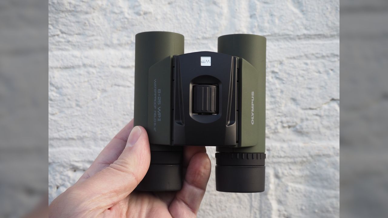 Close up photo of the Olympus 8x25 WP II binoculars