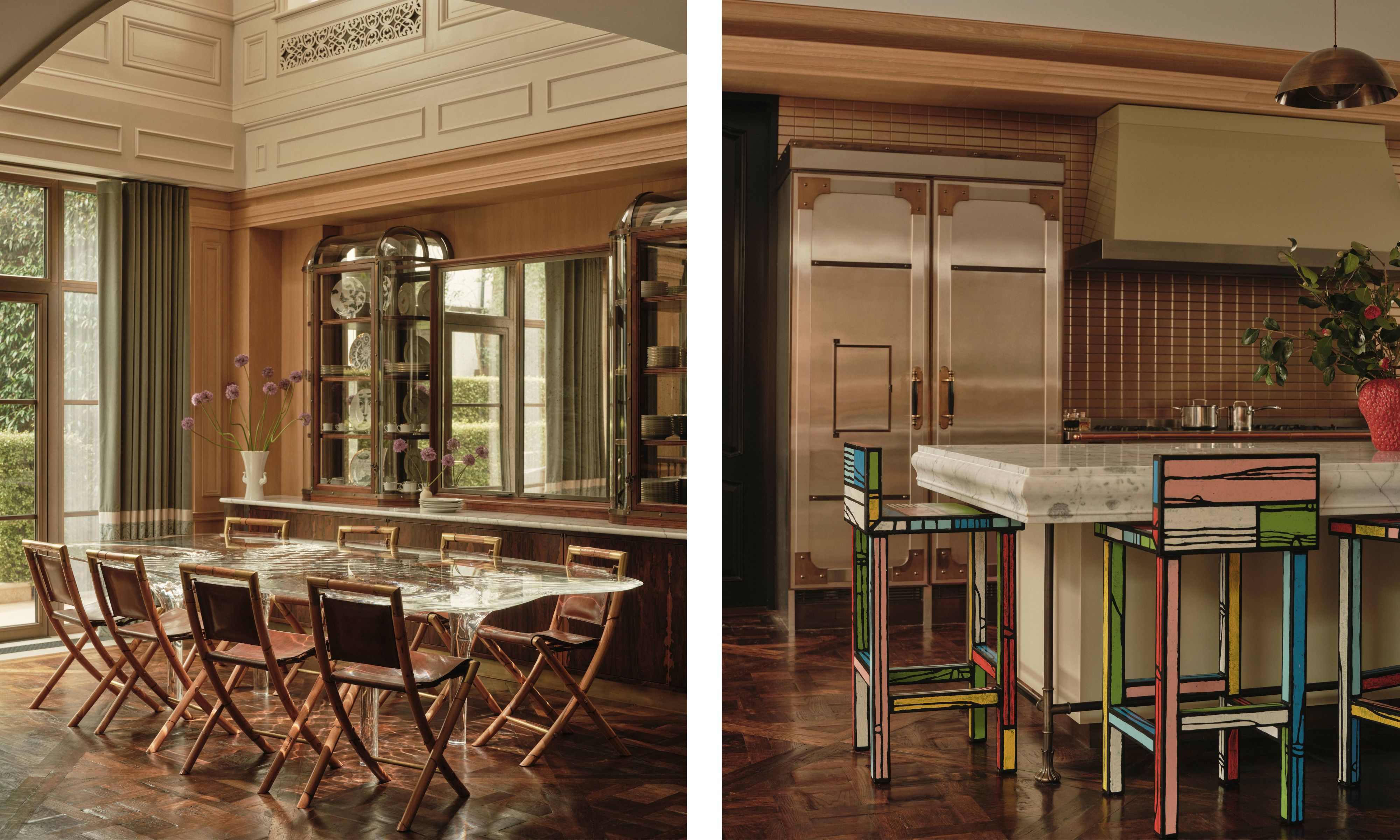 Left image: elegant dining room with large clear table and 8 chairs with wooden floors and french doors with green drapes. Right image: kitchen with large marble island and colorful bar stools