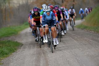 SIENA ITALY MARCH 06 Chloe Hosking of Australia and Team Trek Segafredo during the Eroica 7th Strade Bianche 2021 Womens Elite a 136km race from Siena to Siena Piazza del Campo Gravel strokes StradeBianche on March 06 2021 in Siena Italy Photo by Luc ClaessenGetty Images