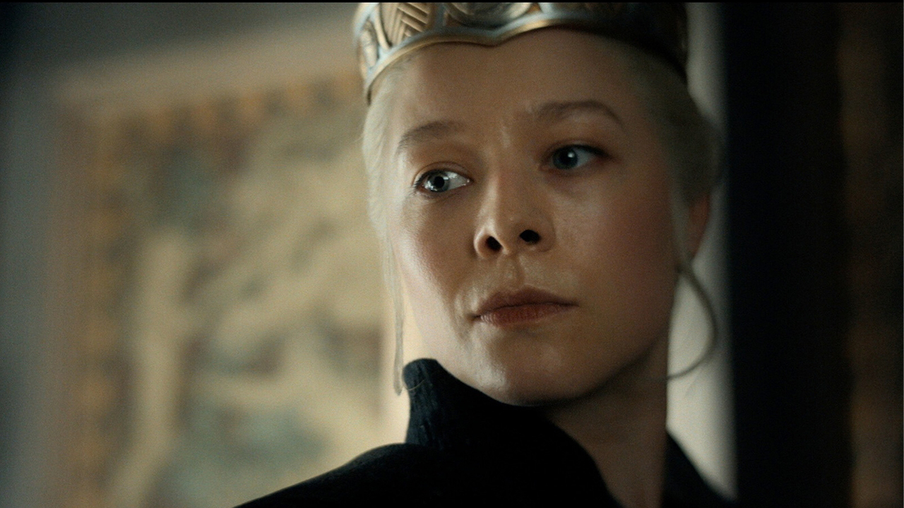 A close up of Rhaenyra Targaryen wearing a crown in House of the Dragon season 3
