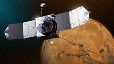 An illustration of MAVEN in orbit around Mars