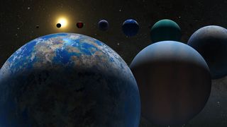 An artist's impression of a multitude of similarly sized exoplanets.
