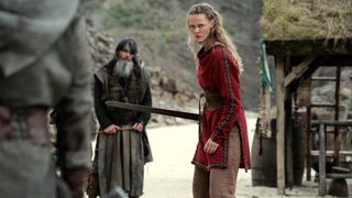 Freydis (Frida Gustavsson) holding a sword in "Vikings: Valhalla" season 3