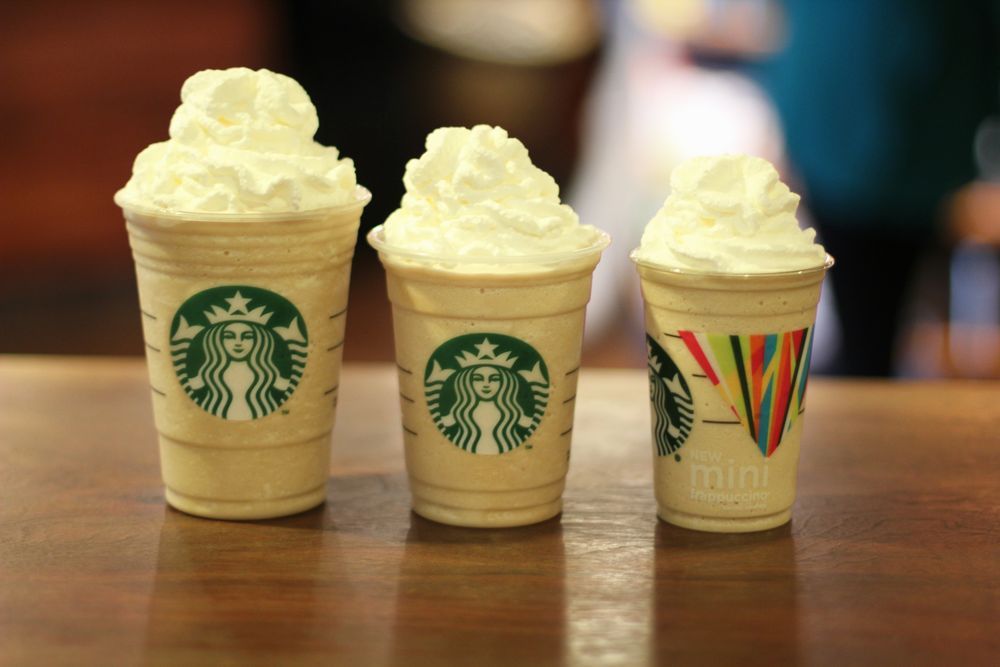 An image of a mini, small and medium starbucks Frappuccino.