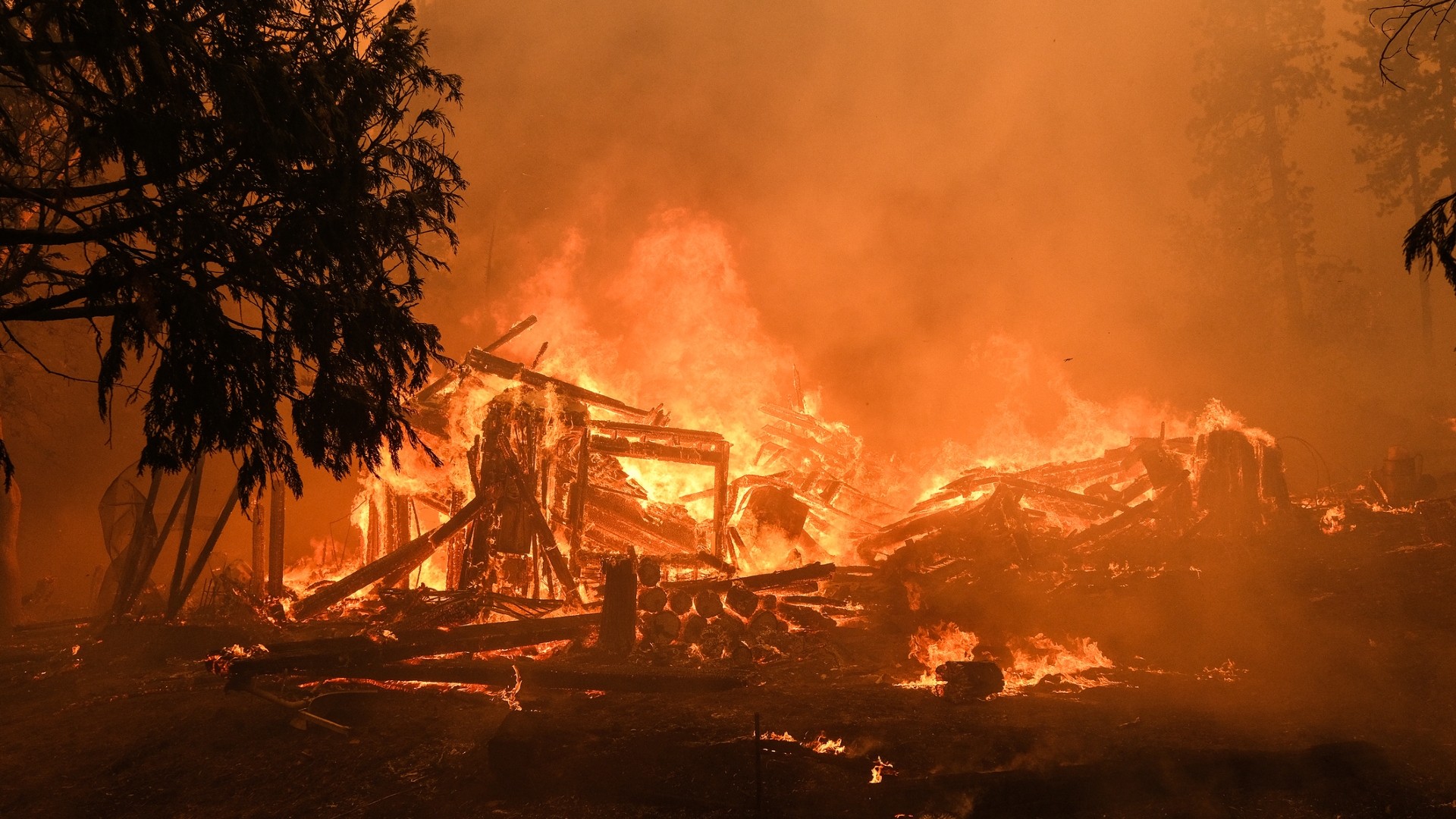The structure of a building burns to the ground surrounded by fire with trees on fire as well.