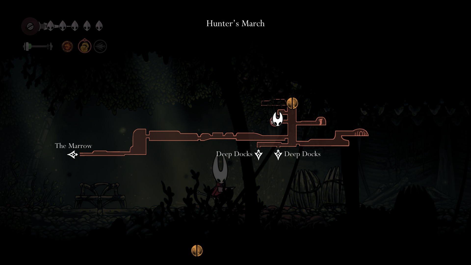 A map showing the location of the Hunter&#039;s March bench in Hollow Knight: Silksong.