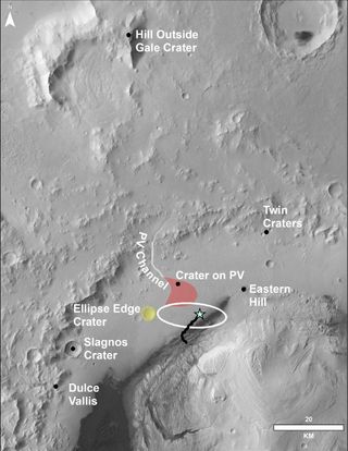 This image of the northwestern part of Mars' Gale Crater and terrain north of it, from the European Space Agency's Mars Express orbiter, gives another perspective of some features visible in an October 2017 panorama from NASA's Curiosity Mars rover.