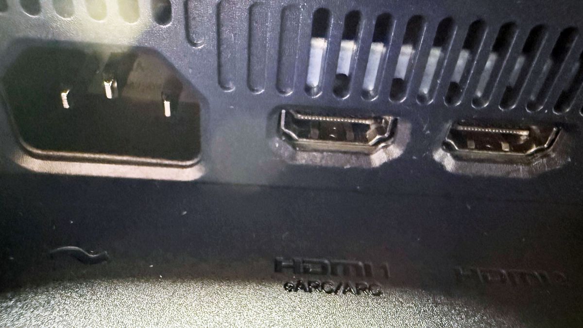 Close up of the ports on the back of the Alienware 27 4K QD-OLED (AW2725Q) gaming monitor.