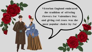 Victorian couple surrounded by rose borders and a quote about Victorian Valentine gifts