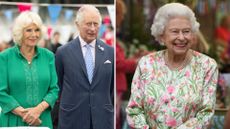 A composite of a picture of King Charles and Queen Camilla in 2022 and a picture of Queen Elizabeth in 2021