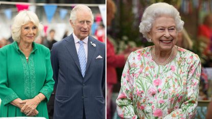 A composite of a picture of King Charles and Queen Camilla in 2022 and a picture of Queen Elizabeth in 2021