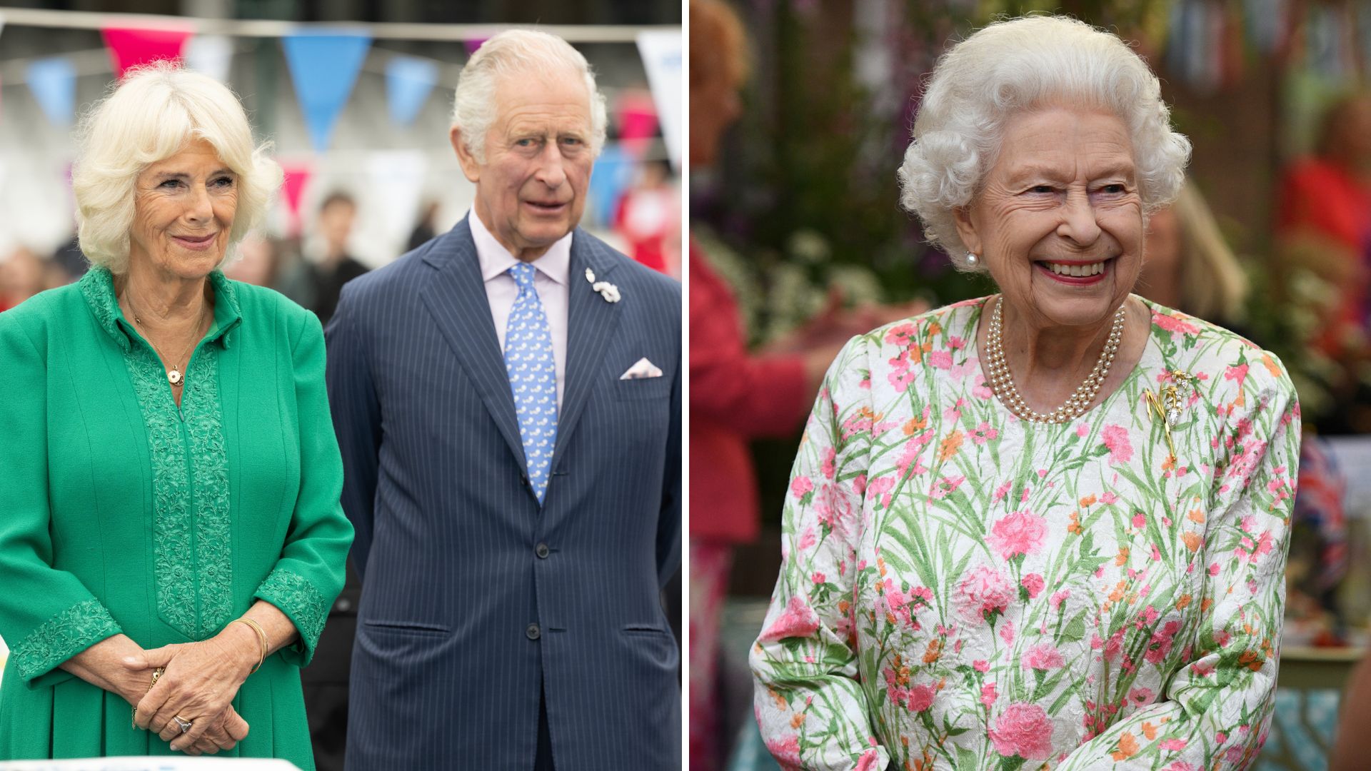 A composite of a picture of King Charles and Queen Camilla in 2022 and a picture of Queen Elizabeth in 2021