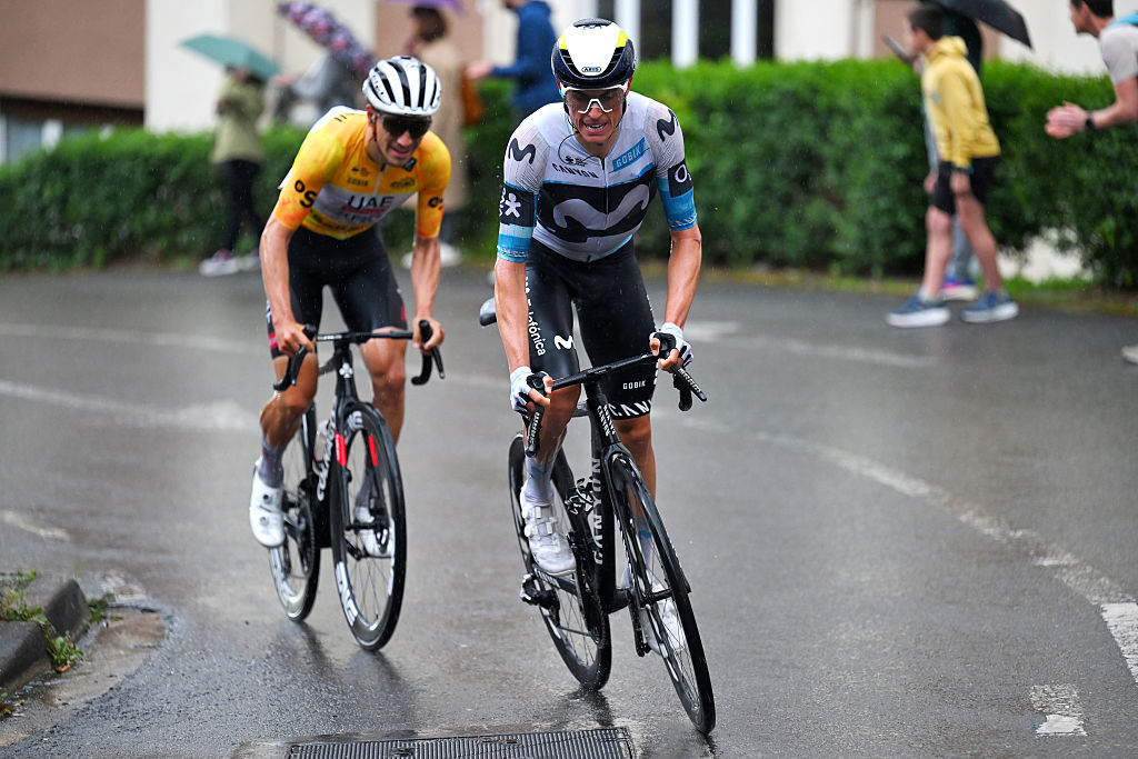 EIBAR SPAIN APRIL 12 LR Joao Almeida of Portugal and UAE Team Emirates XRG Yellow Leader Jersey and Enric Mas of Spain and Movistar Team compete in the breakaway during the 64th Itzulia Basque Country 2025 Stage 6 a 1534km stage from Eibar to Eibar UCIWT on April 12 2025 in Eibar Spain Photo by Tim de WaeleGetty Images