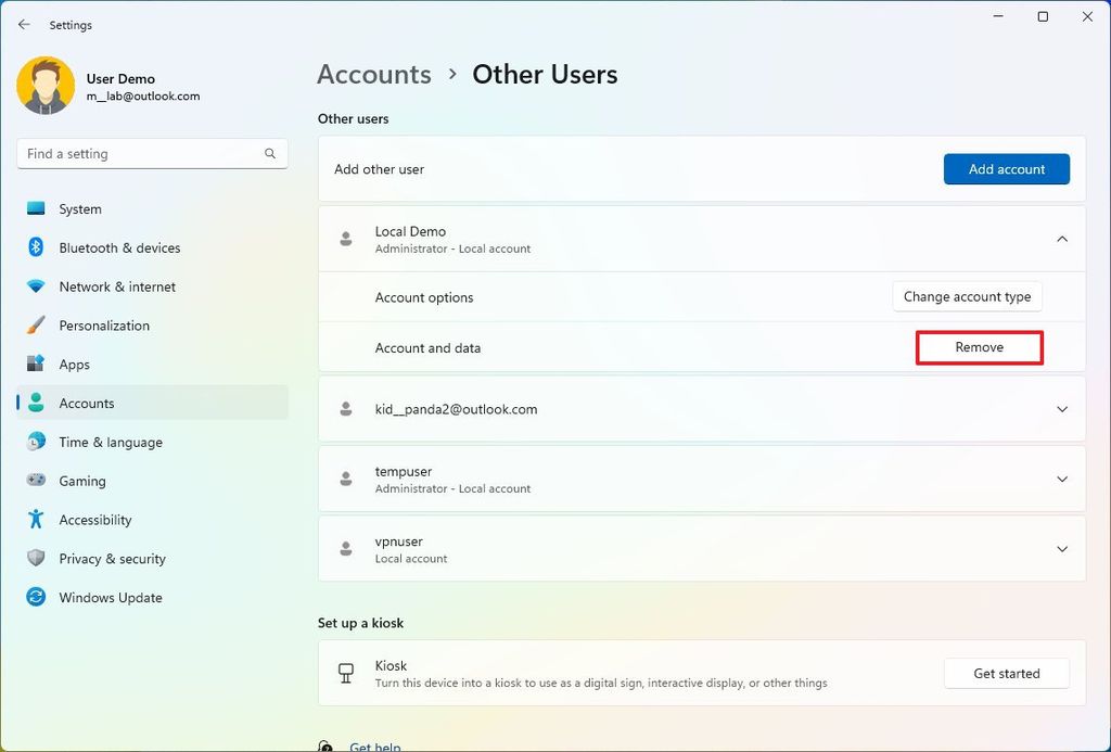 how to delete pc account windows 11