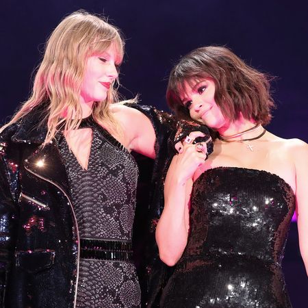 Taylor Swift and Selena Gomez perform onstage during the Taylor Swift reputation Stadium Tour at the Rose Bowl on May 19, 2018 in Pasadena, California