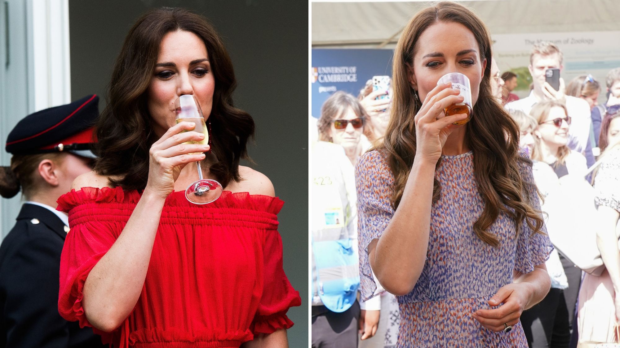 A composite of two pictures of the Princess of Wales looking into her glass as she drinks