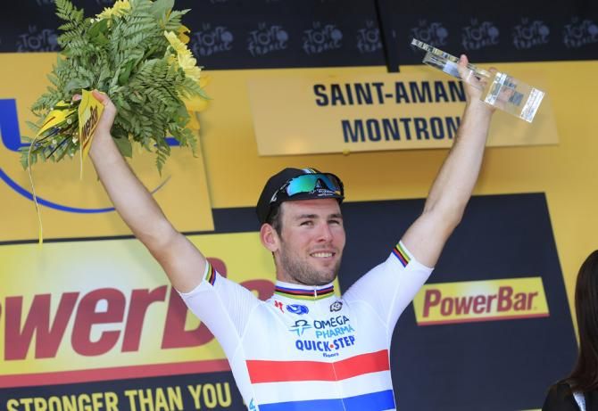 Stage 13 winner Mark Cavendish (Omega Pharma-QuickStep) on the podium
