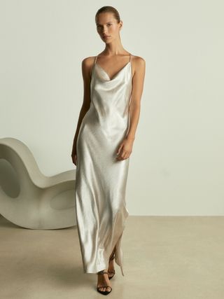 Cowl-Neck Hammered-Satin Slip Dress in Silver