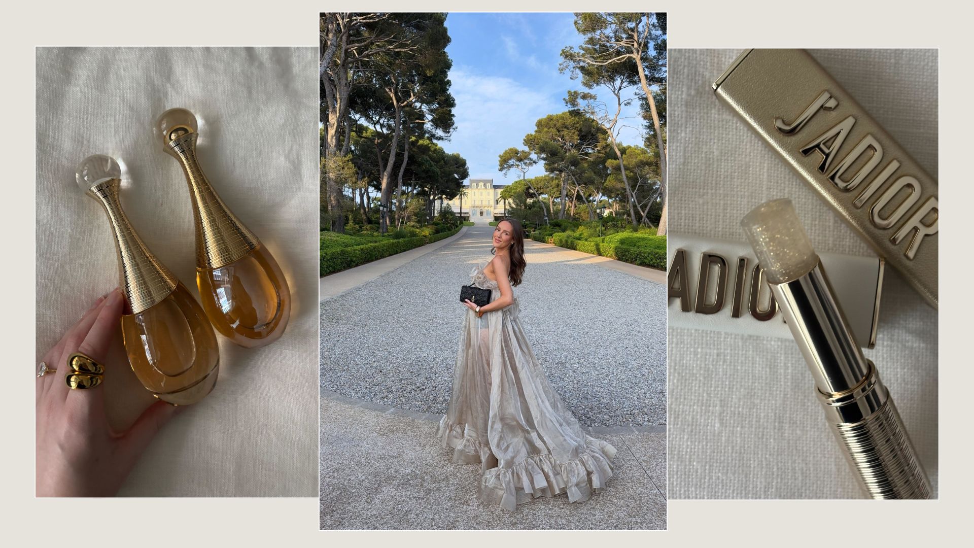 A collage of Dior J'adore perfumes and influencer Emma Leger in the South of France wearing a gold dress