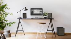 Klipsch Promedia Heritage 2.1 review: speaker on a modern desk with a computer in between