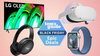 A composite image of the LG A2 OLED, Bose QuietComfort 45 headphones, Meta Quest 2 and Apple Watch Series 9 with a deals tag in the middle 