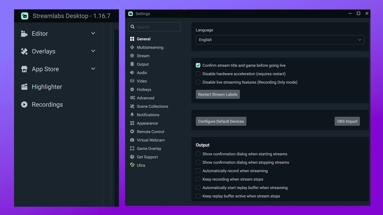 Screenshots of the Streamlabs menus